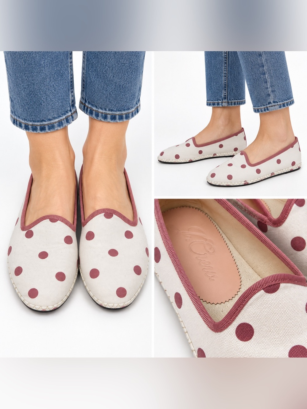 J. Crew Cream Canvas Flats with Rose Polka Dots size 8.5